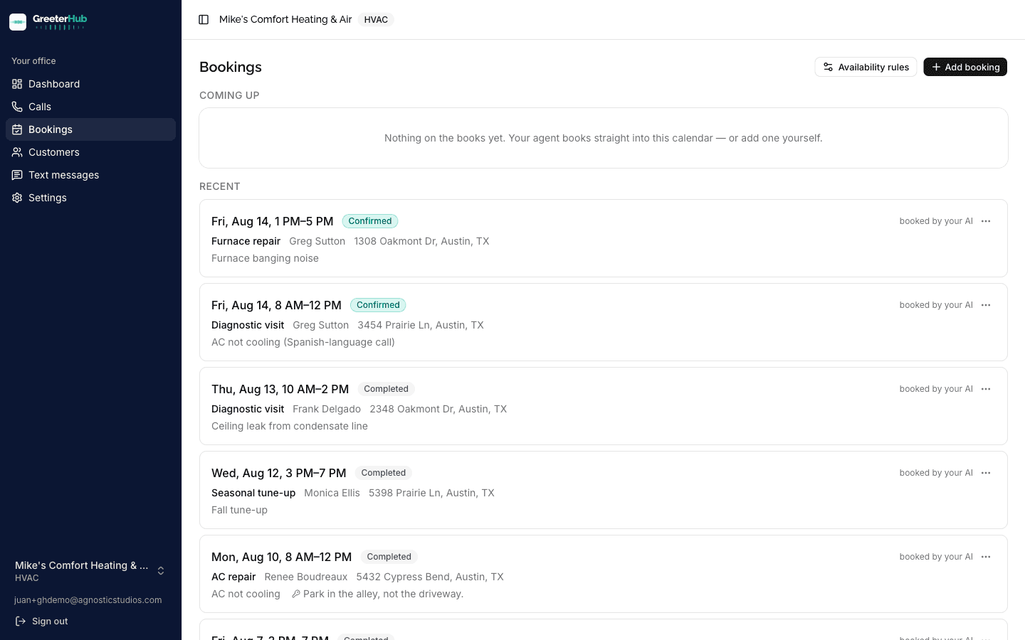 GreeterHub bookings screen with appointment windows and booking rules