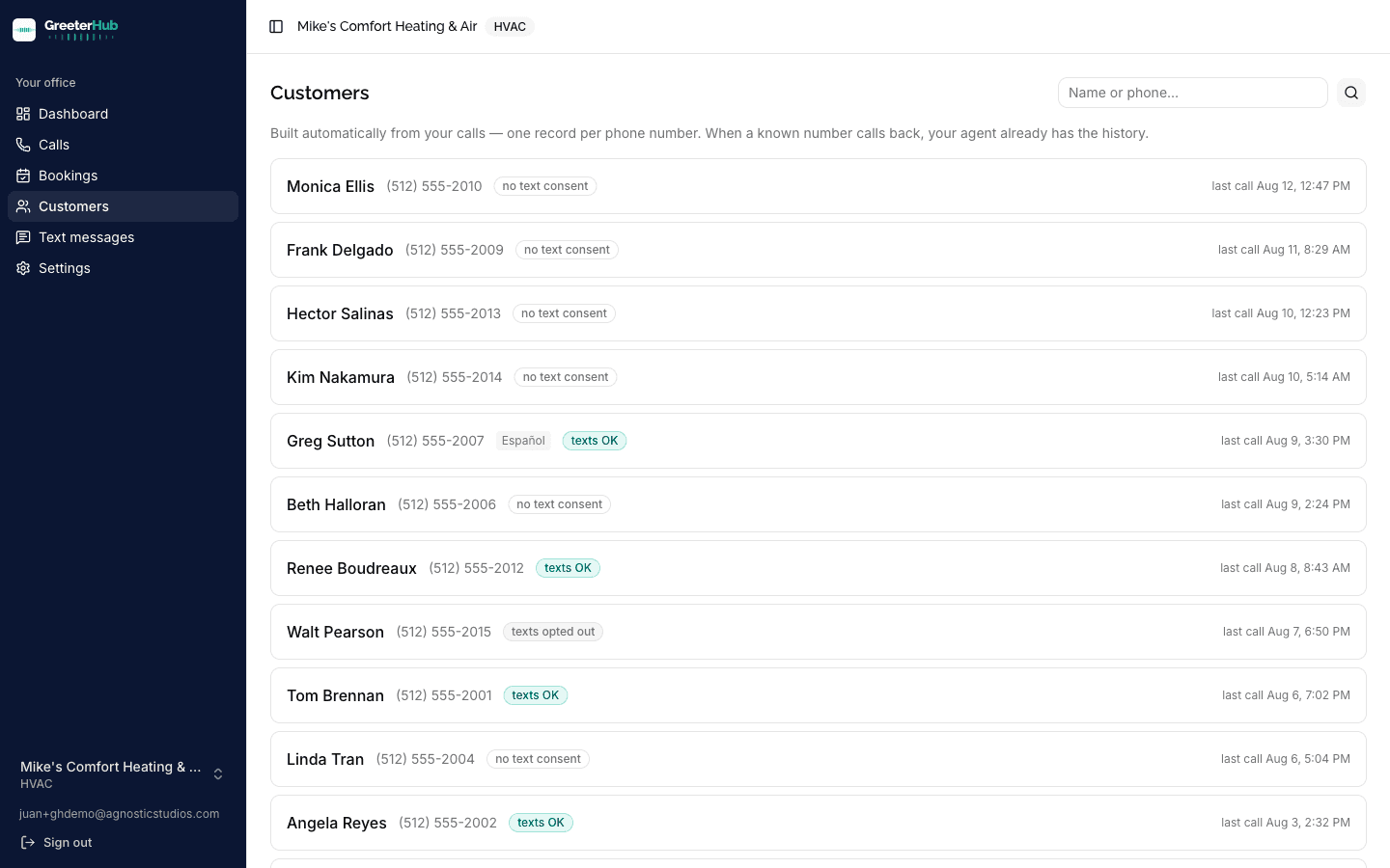 GreeterHub customer records with call history and texting consent ledger